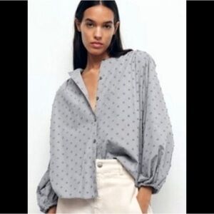 NWT Zara Swiss Dot Blouse with Voluminous Sleeves balloon gray Size XS oversized